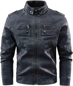 Dgoopd Men Leather Jacket Stand Collar Moto Jacket Vintage Motorcycle Jacket Zip up Faux Leather Jacket Casual Biker Jacket
