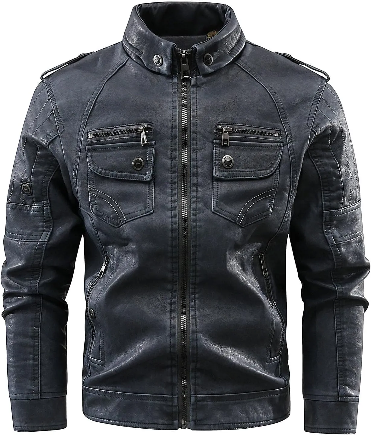 Dgoopd Men Leather Jacket Stand Collar Moto Jacket Vintage Motorcycle Jacket Zip up Faux Leather Jacket Casual Biker Jacket