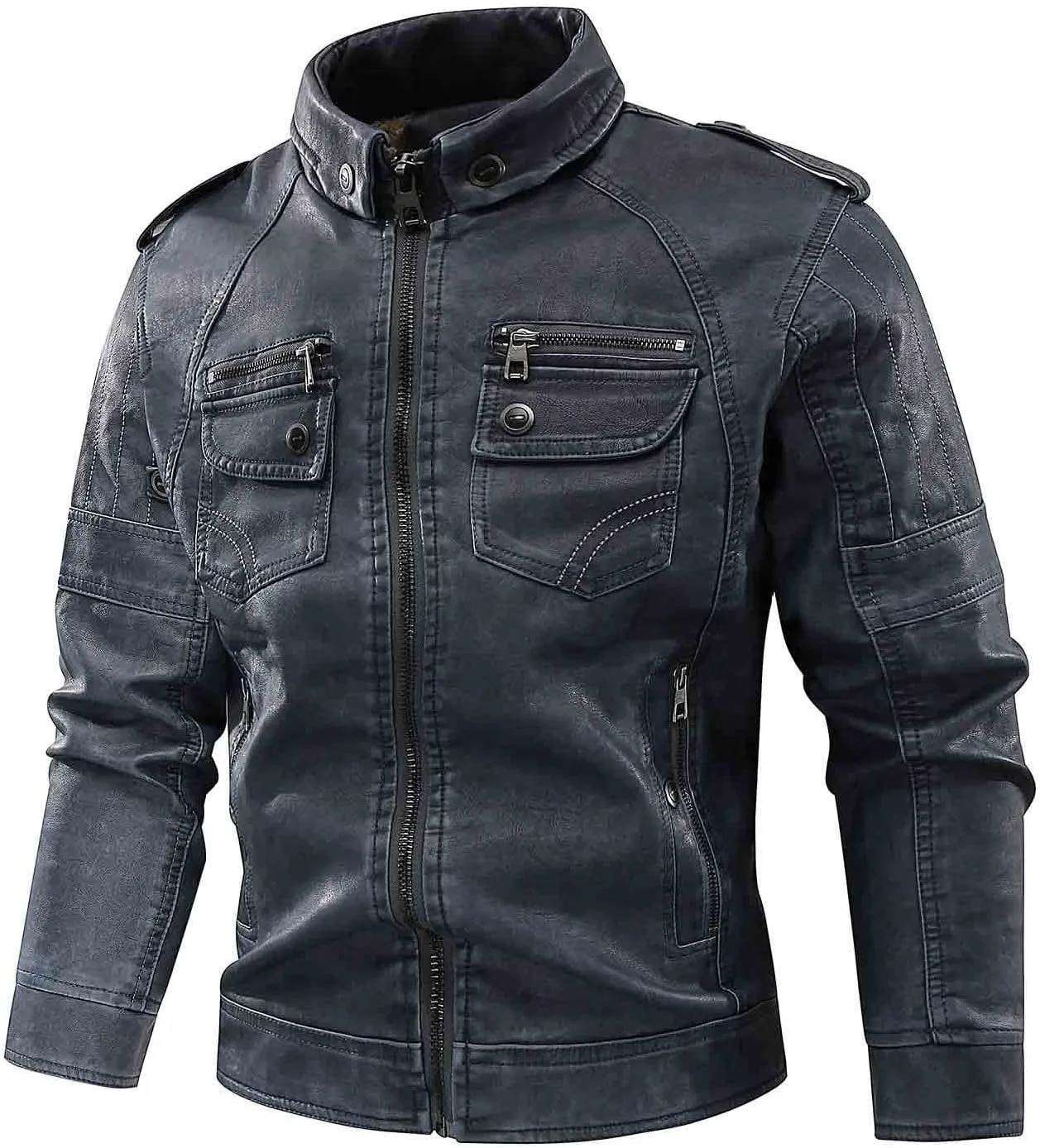 Dgoopd Men Leather Jacket Stand Collar Moto Jacket Vintage Motorcycle Jacket Zip up Faux Leather Jacket Casual Biker Jacket