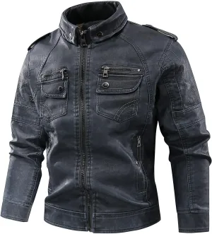 Dgoopd Men Leather Jacket Stand Collar Moto Jacket Vintage Motorcycle Jacket Zip up Faux Leather Jacket Casual Biker Jacket