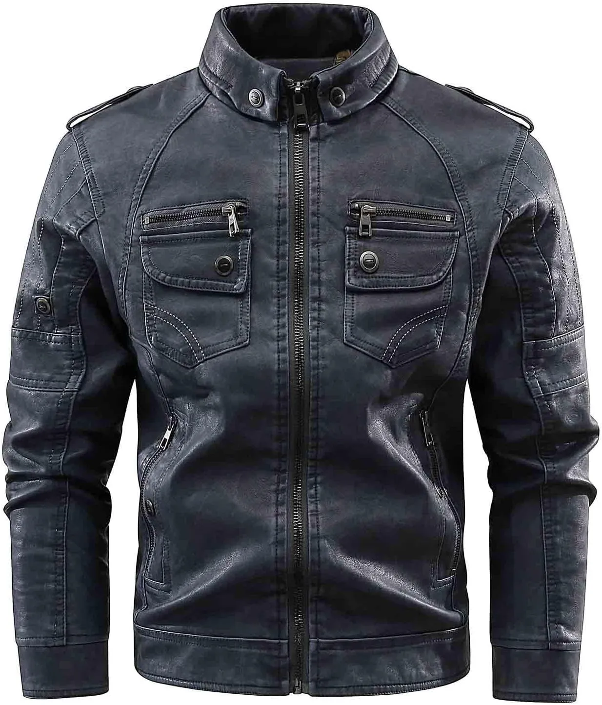 Dgoopd Men Leather Jacket Stand Collar Moto Jacket Vintage Motorcycle Jacket Zip up Faux Leather Jacket Casual Biker Jacket