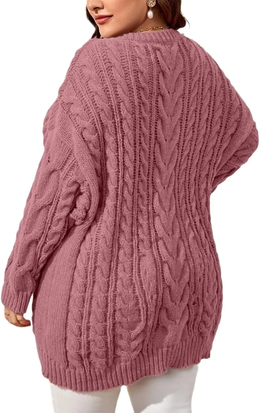 Dyexces Plus Size Sweaters for Women V Neck Long Sleeve Cable Knit Sweaters Casual Fall Sweaters Soft Jumper Tops