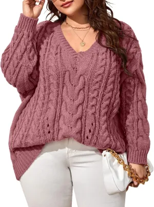 Dyexces Plus Size Sweaters for Women V Neck Long Sleeve Cable Knit Sweaters Casual Fall Sweaters Soft Jumper Tops