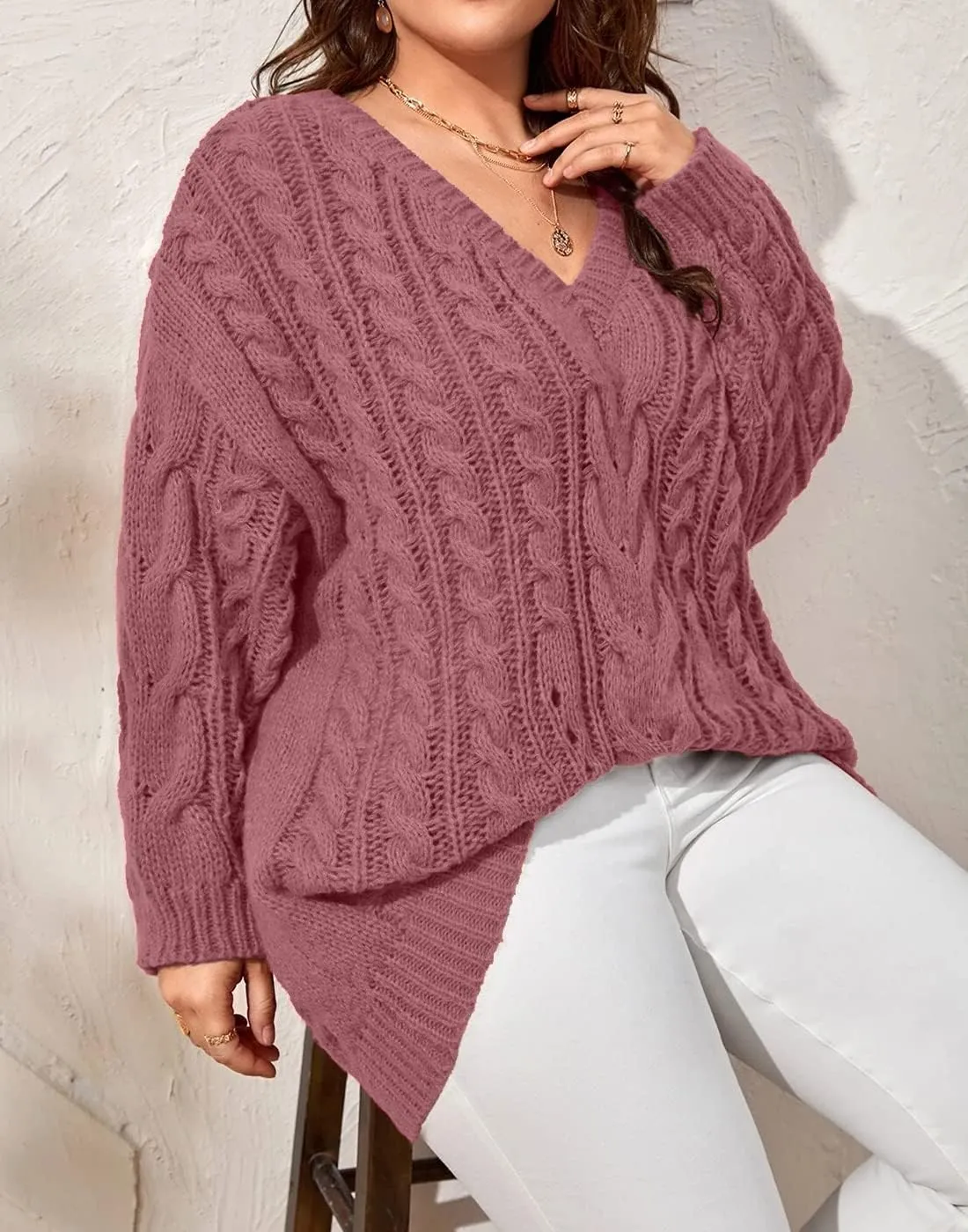 Dyexces Plus Size Sweaters for Women V Neck Long Sleeve Cable Knit Sweaters Casual Fall Sweaters Soft Jumper Tops