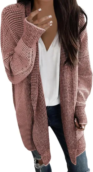 iLH Cardigan Sweater for Women Open Front Oversized Sleeve Cardigans Plaid Chunky Knit Coat Outwear Long Cardigans Coat