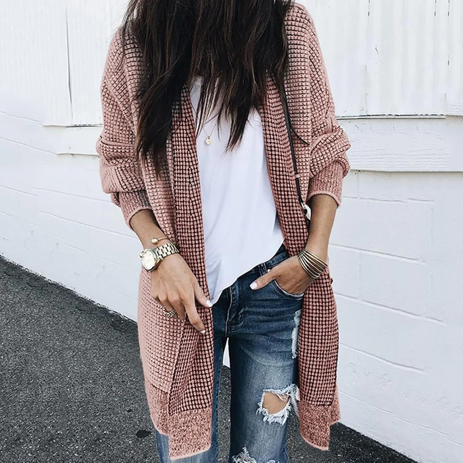 iLH Cardigan Sweater for Women Open Front Oversized Sleeve Cardigans Plaid Chunky Knit Coat Outwear Long Cardigans Coat