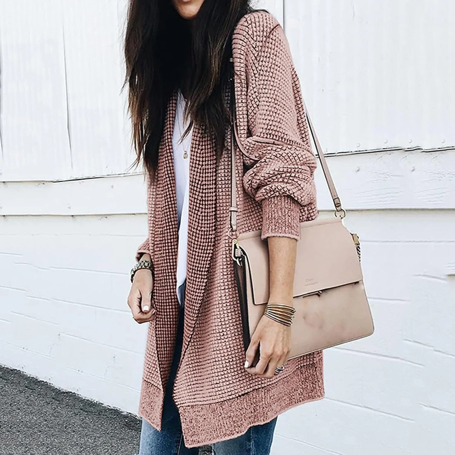 iLH Cardigan Sweater for Women Open Front Oversized Sleeve Cardigans Plaid Chunky Knit Coat Outwear Long Cardigans Coat