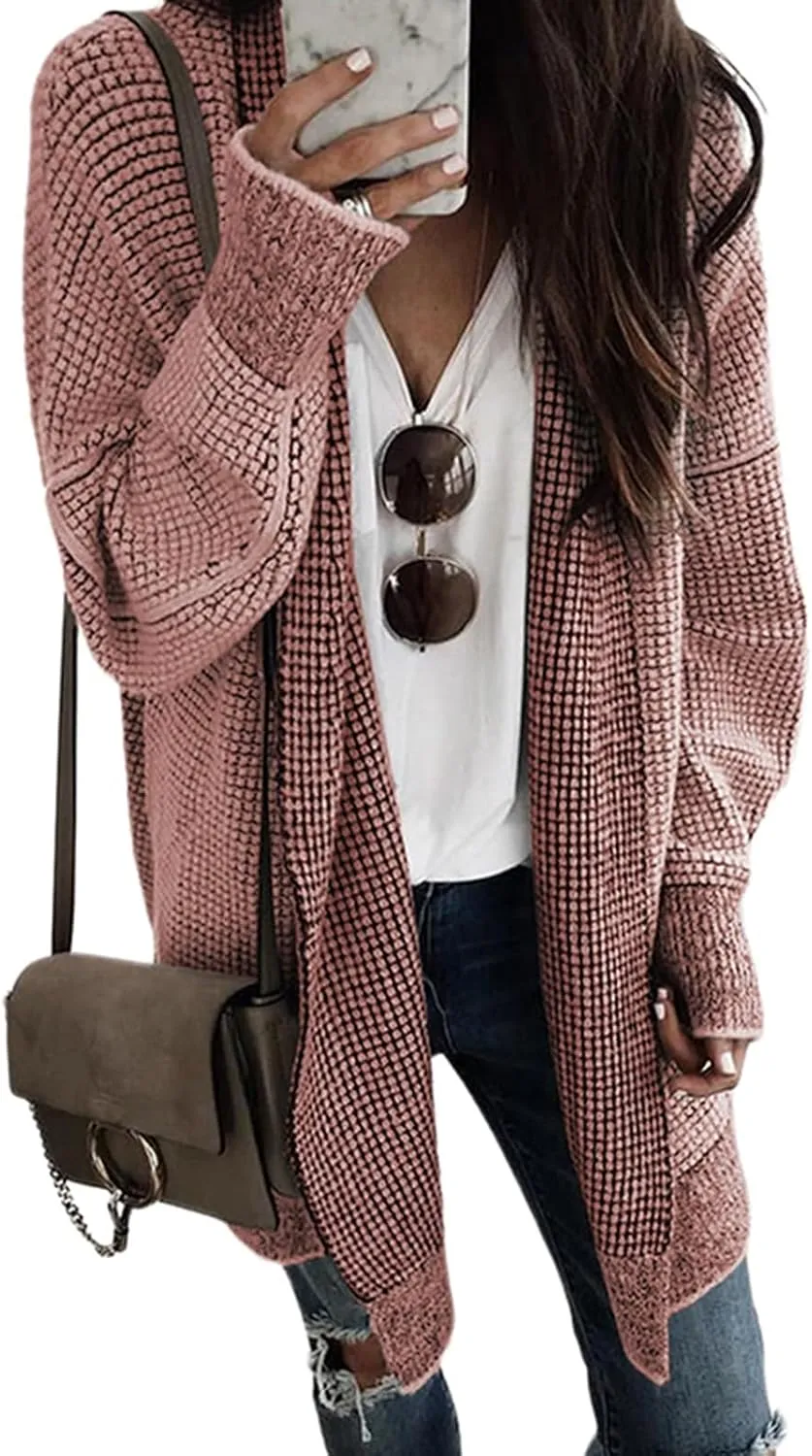 iLH Cardigan Sweater for Women Open Front Oversized Sleeve Cardigans Plaid Chunky Knit Coat Outwear Long Cardigans Coat