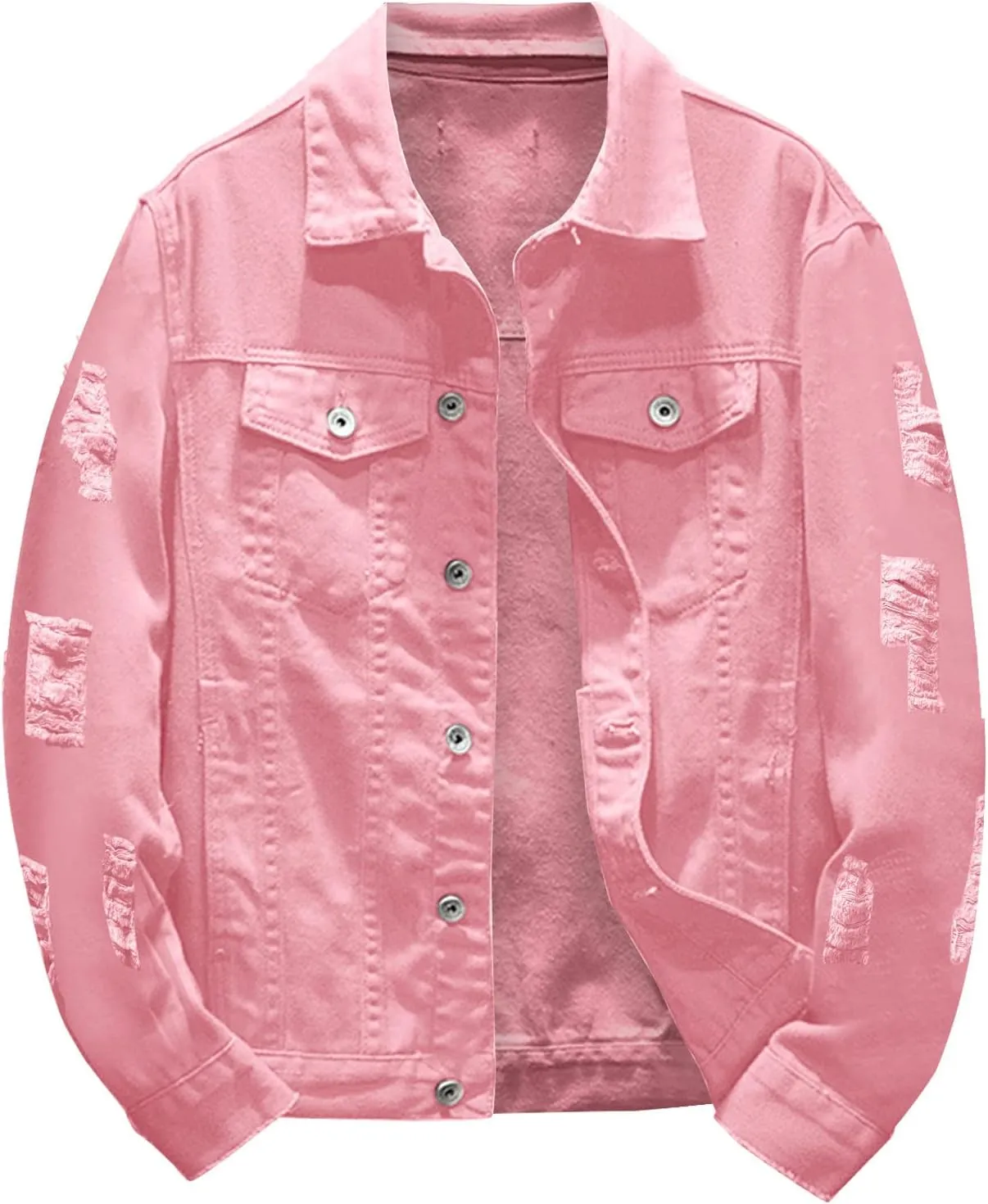 Jean Jacket Men Slim Fit Ripped Denim Jacket Casual Long Sleeve Fashion Snap Button Lightweight Trucker Jackets Coats