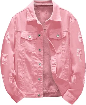 Jean Jacket Men Slim Fit Ripped Denim Jacket Casual Long Sleeve Fashion Snap Button Lightweight Trucker Jackets Coats
