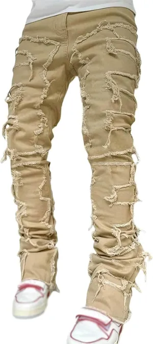 Jeans for Men Regular Fit Men's Black Stacked Jeans Ripped Jeans Regular Fit Patch Distressed Destroyed Denim