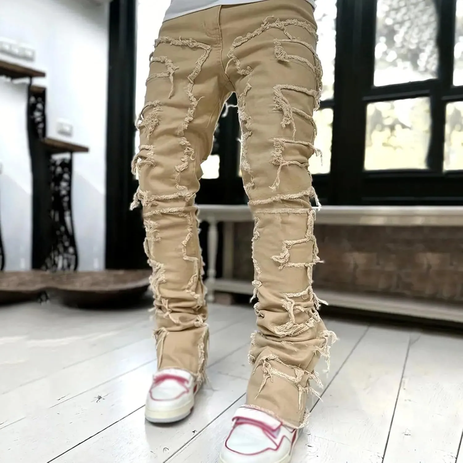 Jeans for Men Regular Fit Men's Black Stacked Jeans Ripped Jeans Regular Fit Patch Distressed Destroyed Denim
