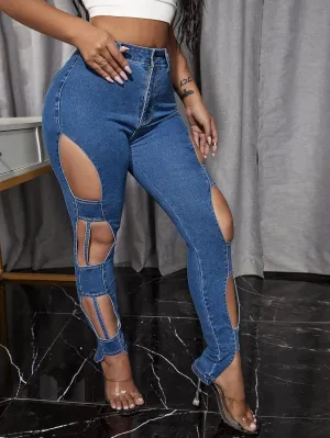 Jeans for Women High Stretch Cut Out Skinny Jeans Jeans for Women (Color : Medium Wash, Size : W26 L32)