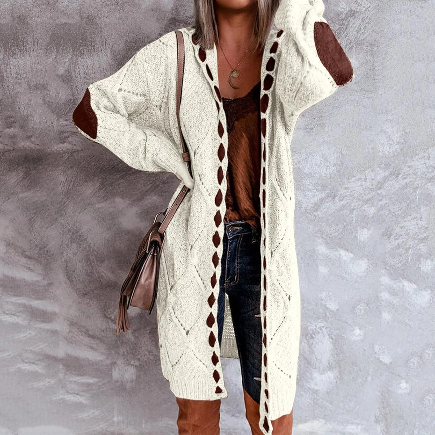 JEGULV Cardigan Sweaters for Women with Hooded Chunky Knit Sweaters Open Front Long Outwear Cardigan Solid Color Overcoats