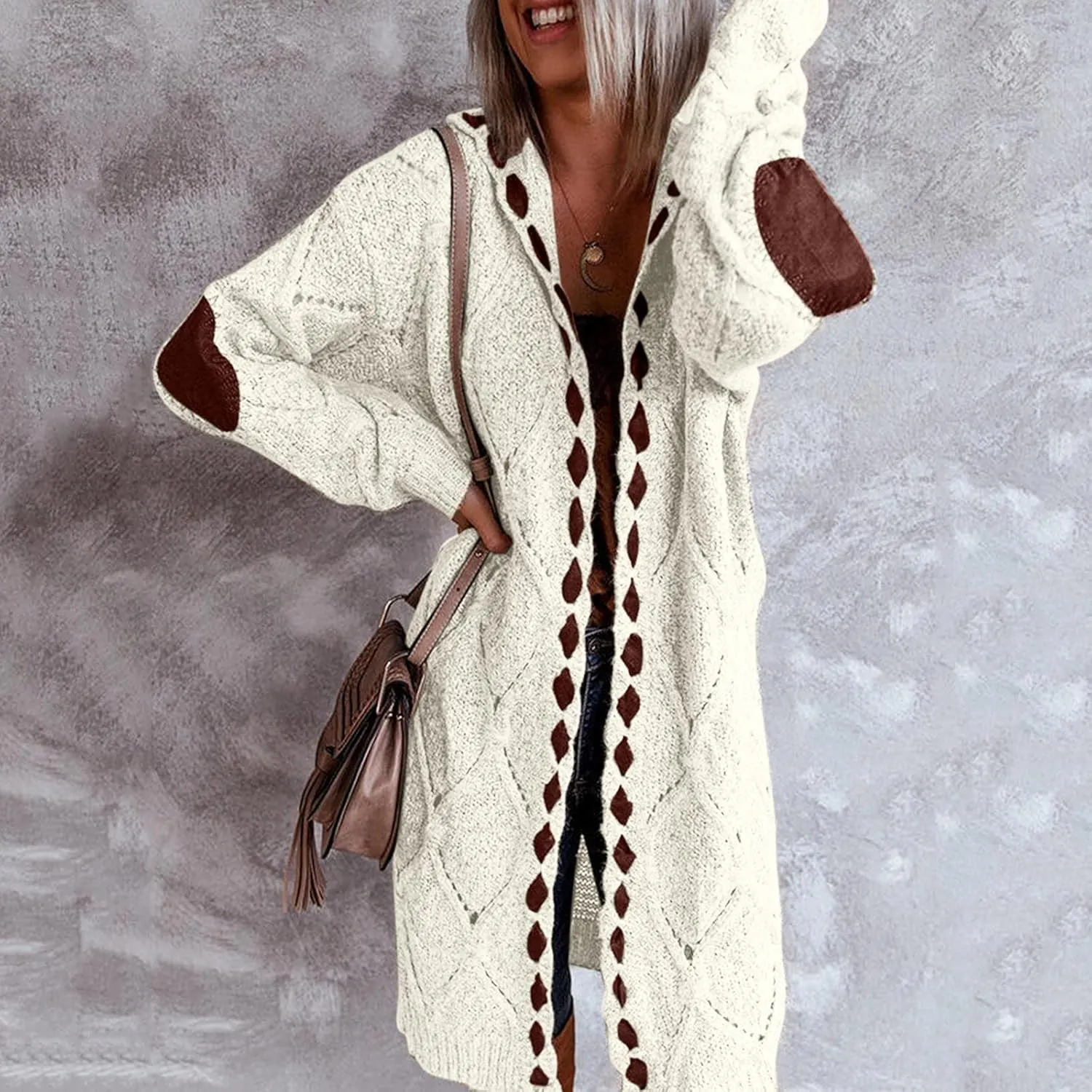 JEGULV Cardigan Sweaters for Women with Hooded Chunky Knit Sweaters Open Front Long Outwear Cardigan Solid Color Overcoats