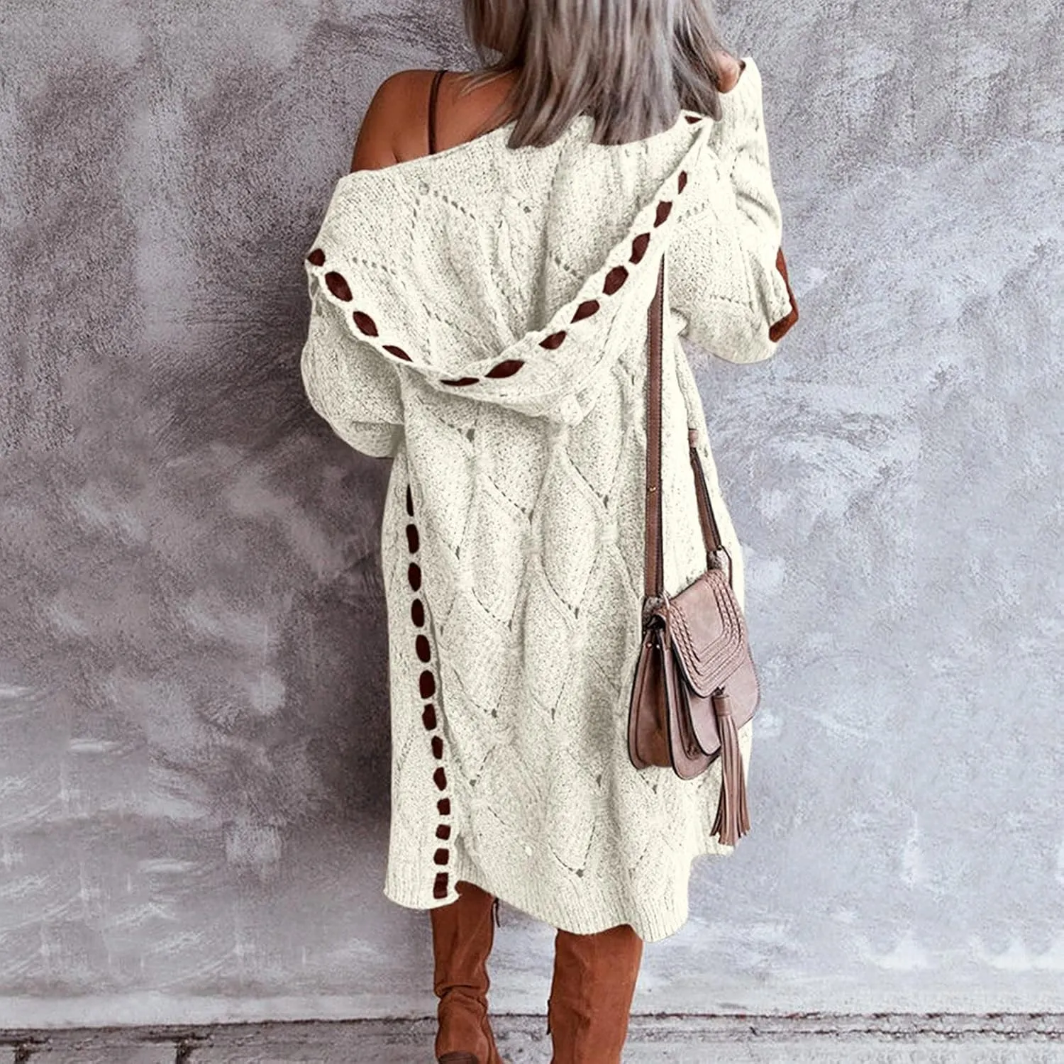 JEGULV Cardigan Sweaters for Women with Hooded Chunky Knit Sweaters Open Front Long Outwear Cardigan Solid Color Overcoats