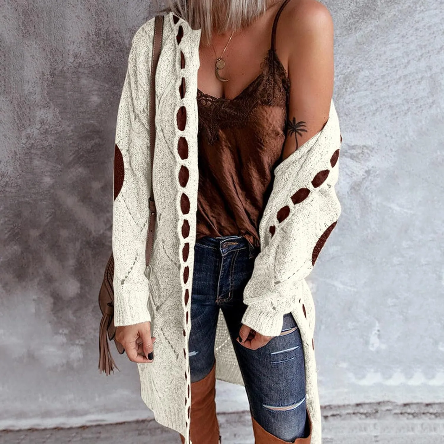 JEGULV Cardigan Sweaters for Women with Hooded Chunky Knit Sweaters Open Front Long Outwear Cardigan Solid Color Overcoats