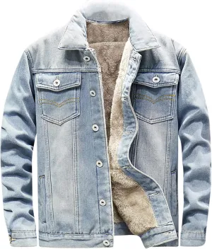 jsaierl Men's Denim Jacket Lapel Sherpa Fleece Lined Thicken Denim Jean Trucker Jacket Coats Slim Casual Jean Jacket