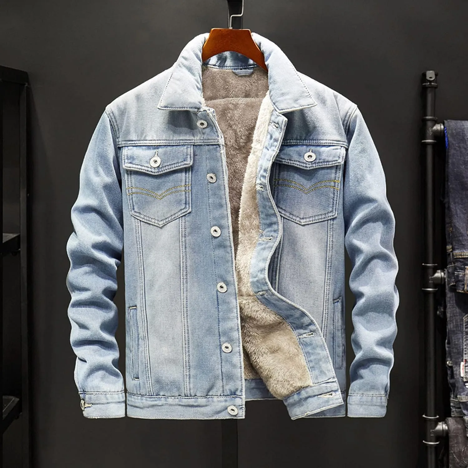 jsaierl Men's Denim Jacket Lapel Sherpa Fleece Lined Thicken Denim Jean Trucker Jacket Coats Slim Casual Jean Jacket