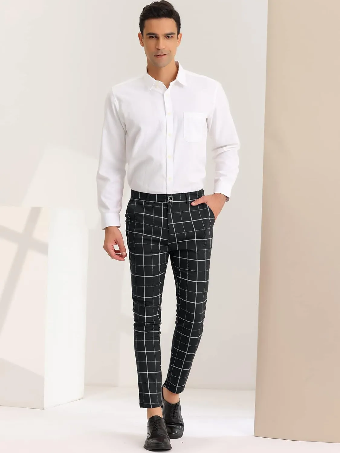 Lars Amadeus Men's Dress Plaid Pants Slim Fit Stretch Flat Front Dress Pants Plaid Slacks Trousers