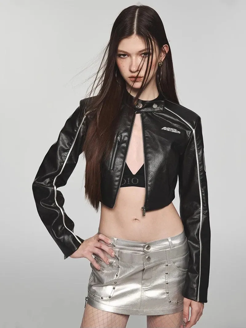 Leather Bomber Jacket Women's Cropped Coat Patchwork Vintage  Windbreaker Casual Autumn Long Sleeves Statue Outer