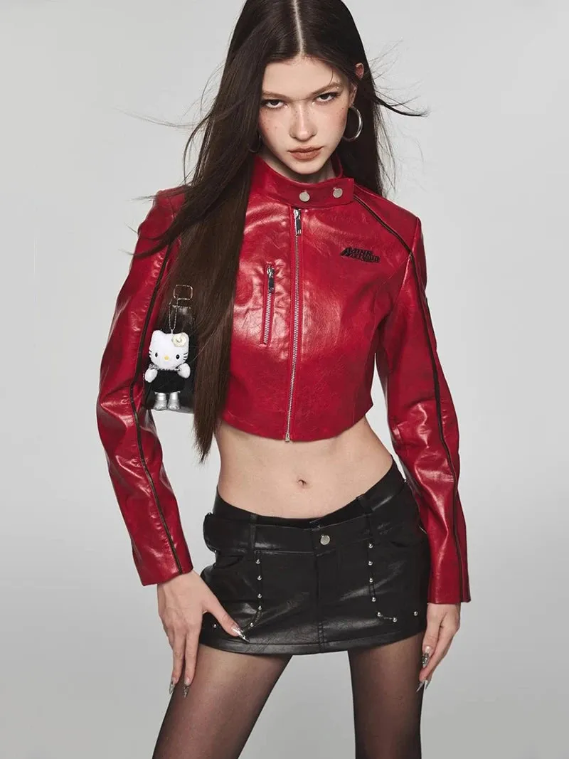 Leather Bomber Jacket Women's Cropped Coat Patchwork Vintage  Windbreaker Casual Autumn Long Sleeves Statue Outer