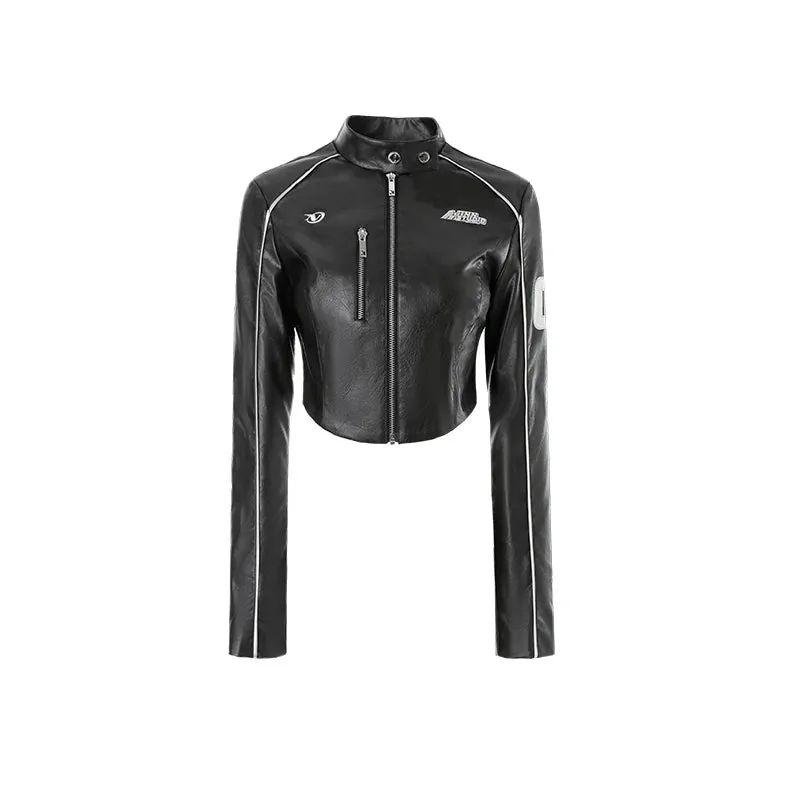 Leather Bomber Jacket Women's Cropped Coat Patchwork Vintage  Windbreaker Casual Autumn Long Sleeves Statue Outer