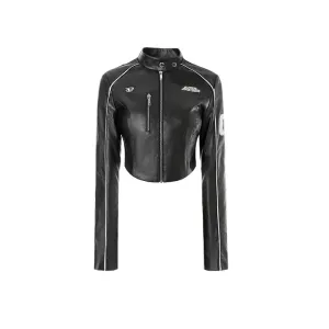 Leather Bomber Jacket Women's Cropped Coat Patchwork Vintage  Windbreaker Casual Autumn Long Sleeves Statue Outer