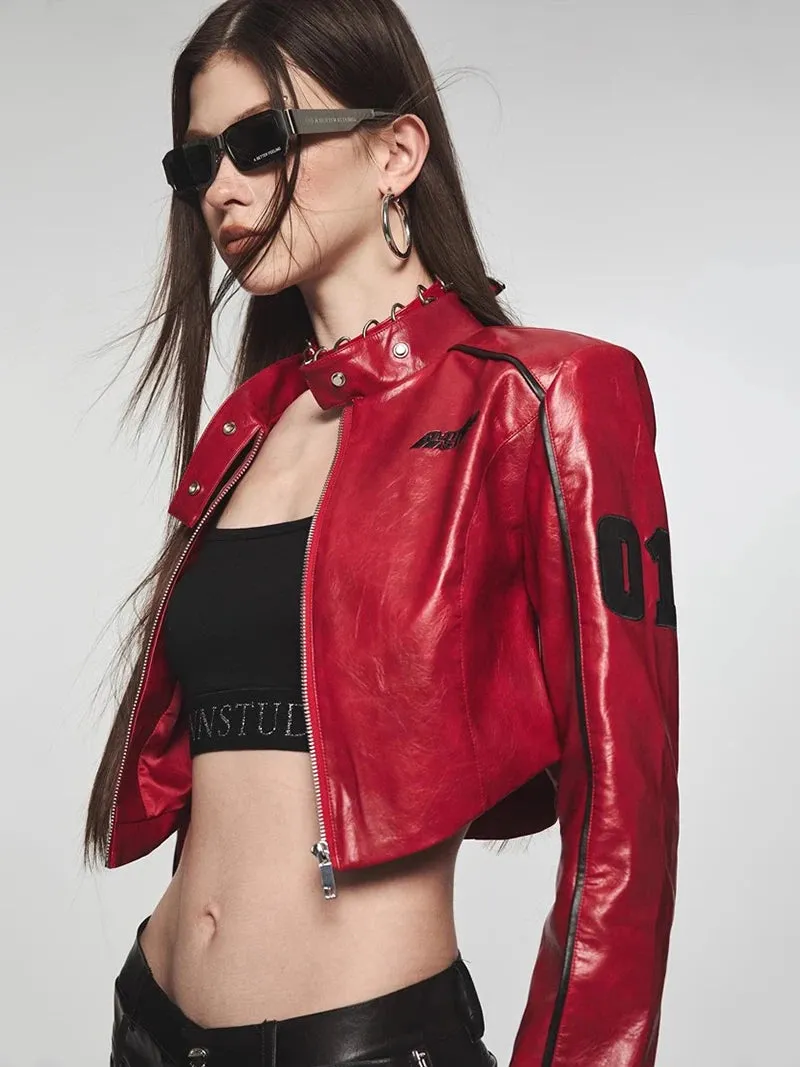 Leather Bomber Jacket Women's Cropped Coat Patchwork Vintage  Windbreaker Casual Autumn Long Sleeves Statue Outer