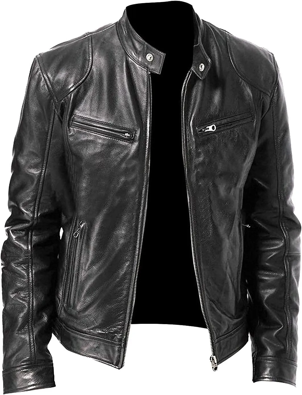 Leather Jacket Men Big And Tall Oversized Full Zip Stand Collar Jackets Faux Leather Motocycle Coats Outwear Pockets