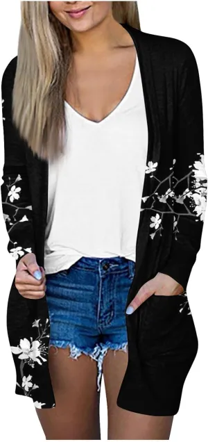 Long Cardigans for Women, Casual Long Sleeve Open Front Oversized Cardigan Vintage Floral Print Jackets with Pocket