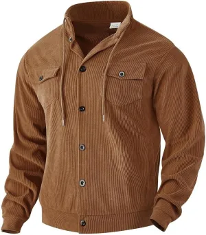 Men's Corduroy Hooded Trucker Jacket Slim Fit Button-Up Winter Casual Coat with Pockets