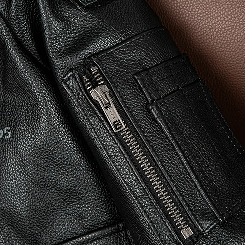 Men’s Embroidery Motorcycle Jackets with Big Pockets / Zippers Genuine Leather Jackets