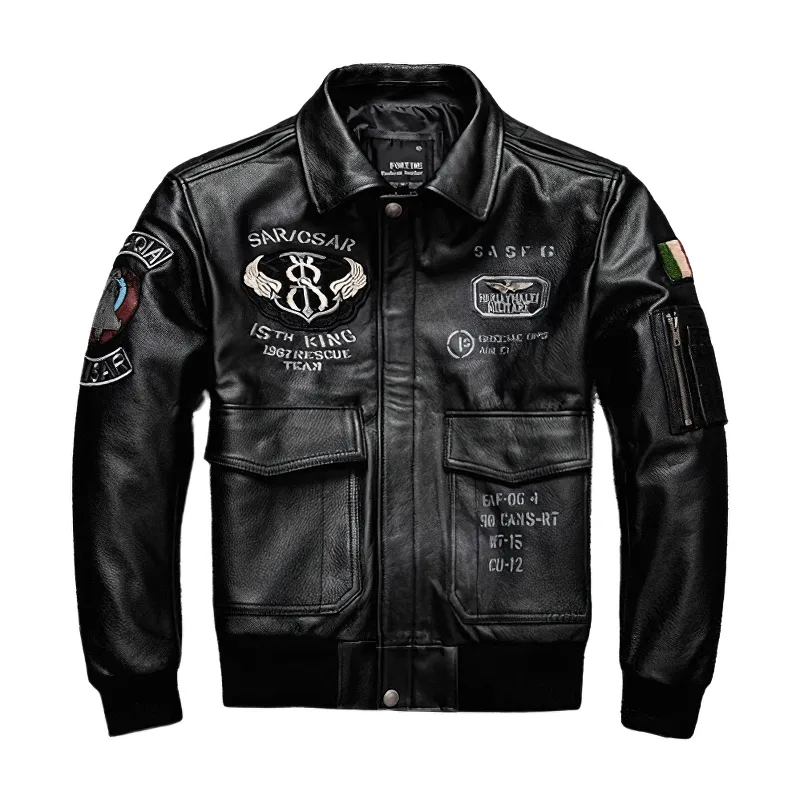 Men’s Embroidery Motorcycle Jackets with Big Pockets / Zippers Genuine Leather Jackets