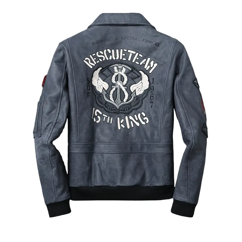 Men’s Embroidery Motorcycle Jackets with Big Pockets / Zippers Genuine Leather Jackets