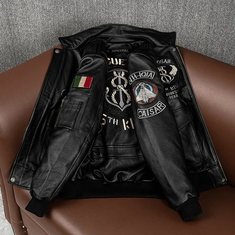 Men’s Embroidery Motorcycle Jackets with Big Pockets / Zippers Genuine Leather Jackets