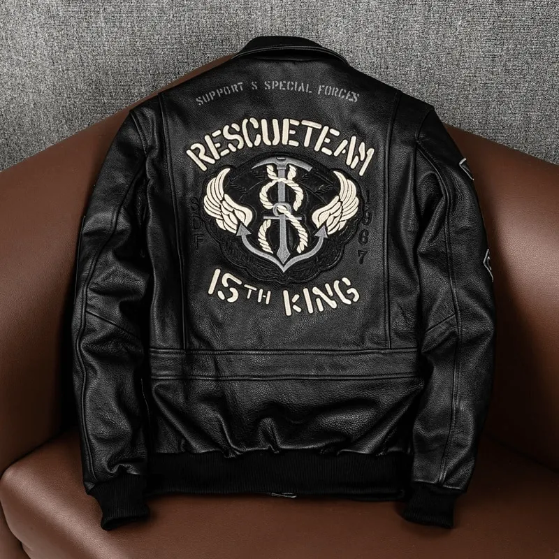 Men’s Embroidery Motorcycle Jackets with Big Pockets / Zippers Genuine Leather Jackets