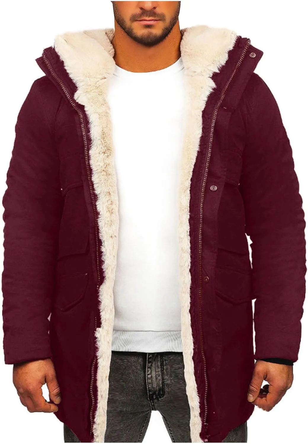 Men's Sherpa Jacket Winter Fleece Lined Cargo Coat Warm Trucker Jackets Classic Outdoor Windproof Hooded Coats