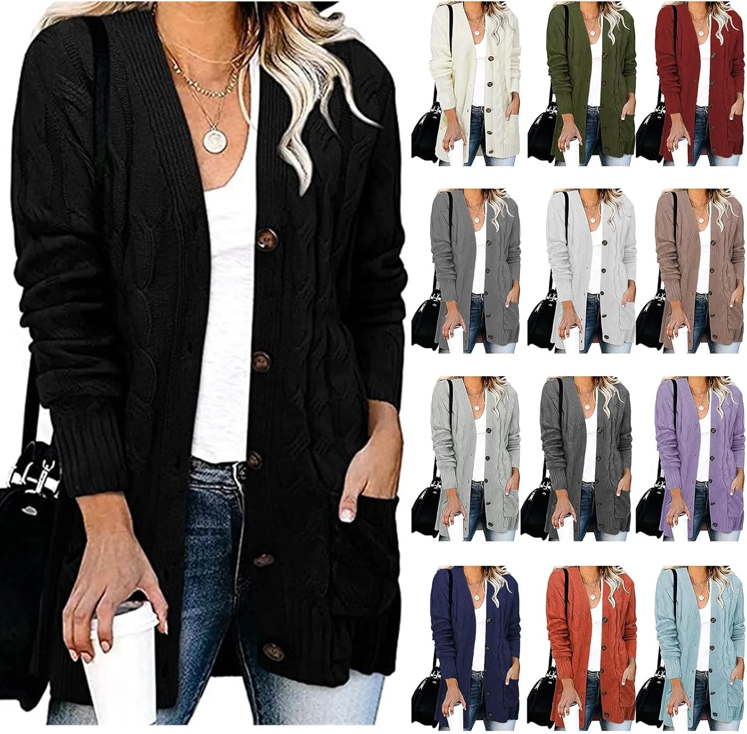 Plus Size Sweaters for Women Chunky Knitted Cardigan Sweaters Casual Long Sleeve Button Down Outwear with Pockets