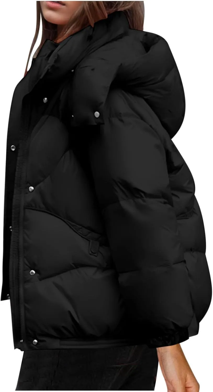 Quilted Jackets for Women Puffy Bubble Puffer Coat Winter Loose Outerwear Warm Down Jackets with Removable Hood