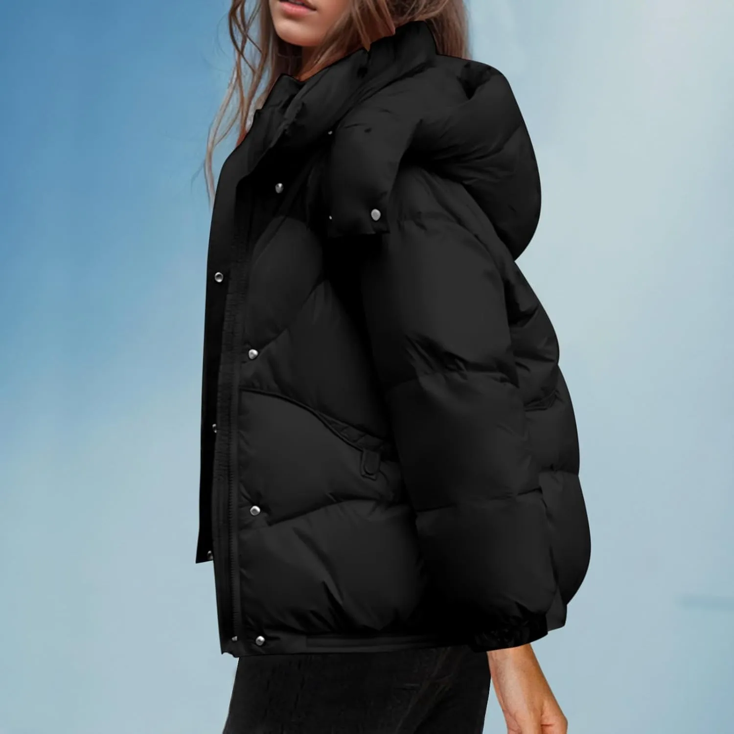 Quilted Jackets for Women Puffy Bubble Puffer Coat Winter Loose Outerwear Warm Down Jackets with Removable Hood
