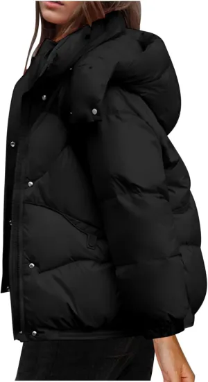 Quilted Jackets for Women Puffy Bubble Puffer Coat Winter Loose Outerwear Warm Down Jackets with Removable Hood
