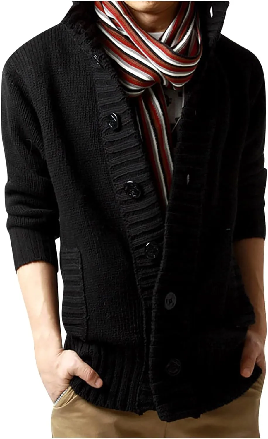 tuduoms Men's Chunky Cardigan Sweaters Slim Fit Button Cable Knit Sweater Stand Collar Winter Fashion Cardigans with Pockets