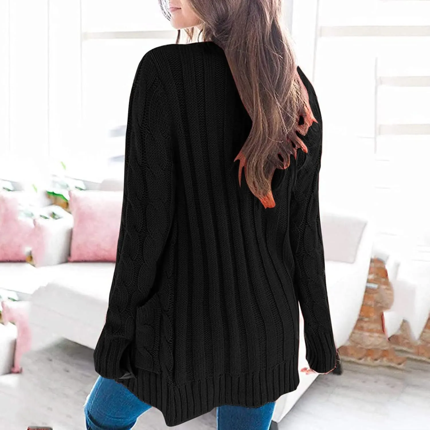 Womens Long Cardigan Sweaters Cable Knit Long Sleeve Cardigan Chunky Open Front Button Sweaters Fall Outfits 2024