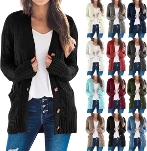 Womens Long Cardigan Sweaters Cable Knit Long Sleeve Cardigan Chunky Open Front Button Sweaters Fall Outfits 2024