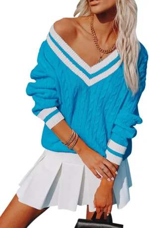 Womens V Neck Oversized Sweaters Long Sleeve Cable Knit Pullover Striped Chunky Sweater Casual Tennis Tunic Tops